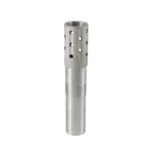 Jeb's Head Hunter silver choke tube, upright view with ported top and threaded body