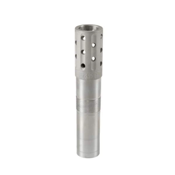 Jeb's Head Hunter silver choke tube, upright view with ported top and threaded body