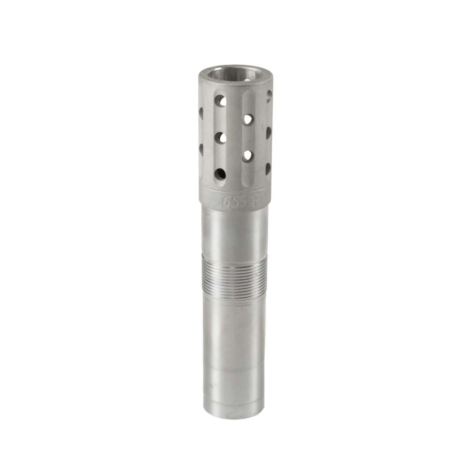 primary-34696 Jeb's Head Hunter silver choke tube, upright view with ported top and threaded body