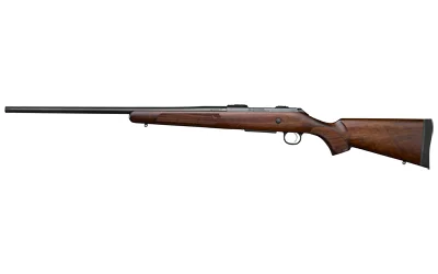 CZ 600+ American rifle, right-side view with walnut stock, black barrel and bolt handle