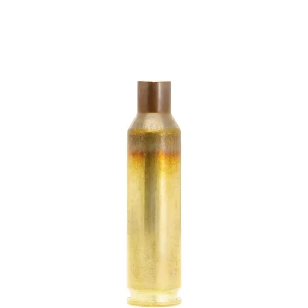 Lapua Unprimed Brass Rifle Cartridge Cases, single brass case upright in side view