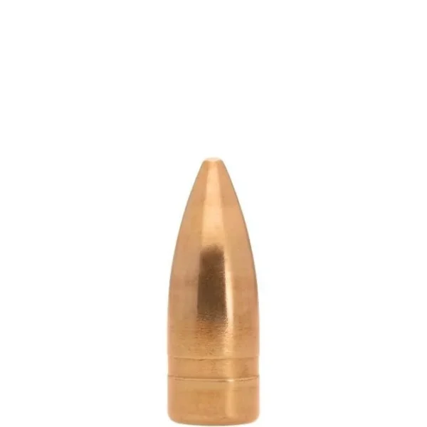 Lapua Spitzer FMJ Rifle Bullet, copper-colored pointed bullet upright in side view