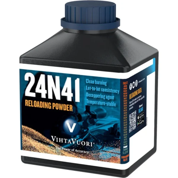 Vihtavuori 24N41 rifle powder in a black rectangular bottle with blue cap and labeled front