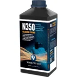 Vihtavuori N350 Handgun Powder, black bottle in front three-quarter view with blue cap and label
