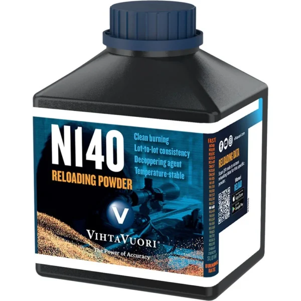 Vihtavuori N140 Rifle Powder, black bottle with blue cap and front label