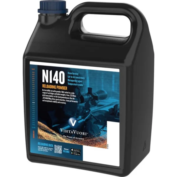 Vihtavuori N140 Rifle Powder, black handled jug with blue N140 label, front view