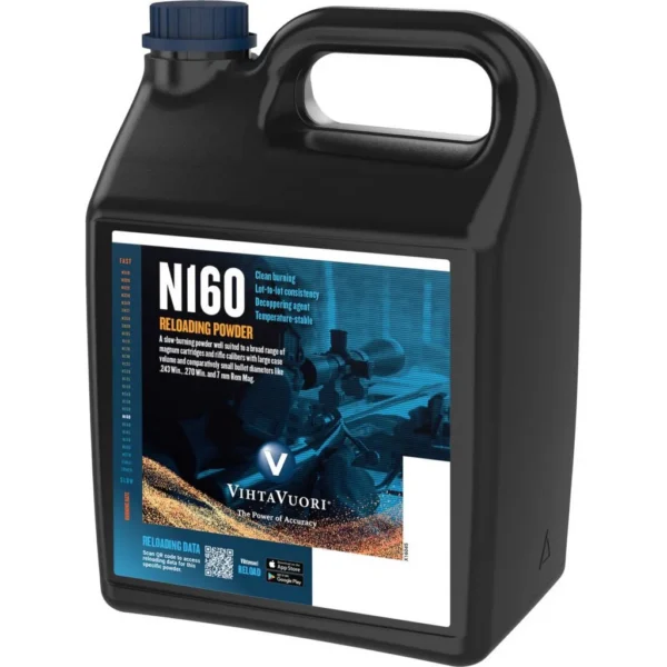 Vihtavuori N160 Rifle Powder black handled container with blue cap and front label