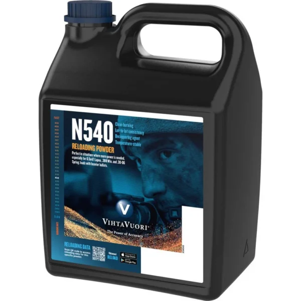 Vihtavuori N540 Rifle Powder, front view of black handled jug with blue cap and N540 label