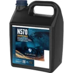 Vihtavuori N570 Rifle Powder, black handled container with blue cap and front label