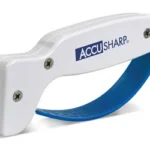 ACCUSHARP KNIFE SHRPNR, white angled view with blue finger guard and logo