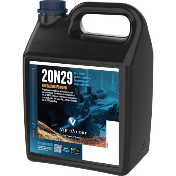 Vihtavuori 20N29 Rifle Powder, black jug with blue cap and blue 20N29 label