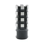 Black Rain Ordnance Milled Flash Suppressor, black upright front view with silver-edged open prongs