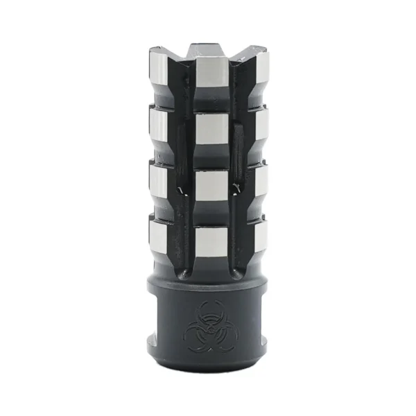 Black Rain Ordnance Milled Flash Suppressor, black upright front view with silver-edged open prongs