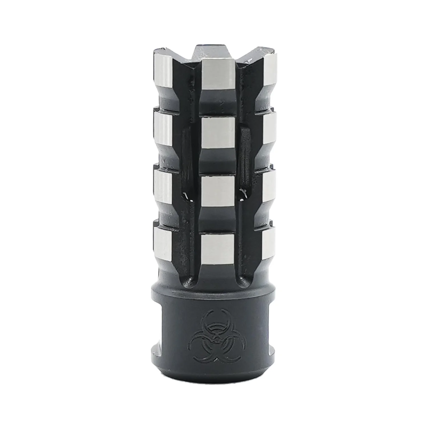 primary-34795 Black Rain Ordnance Milled Flash Suppressor, black upright front view with silver-edged open prongs