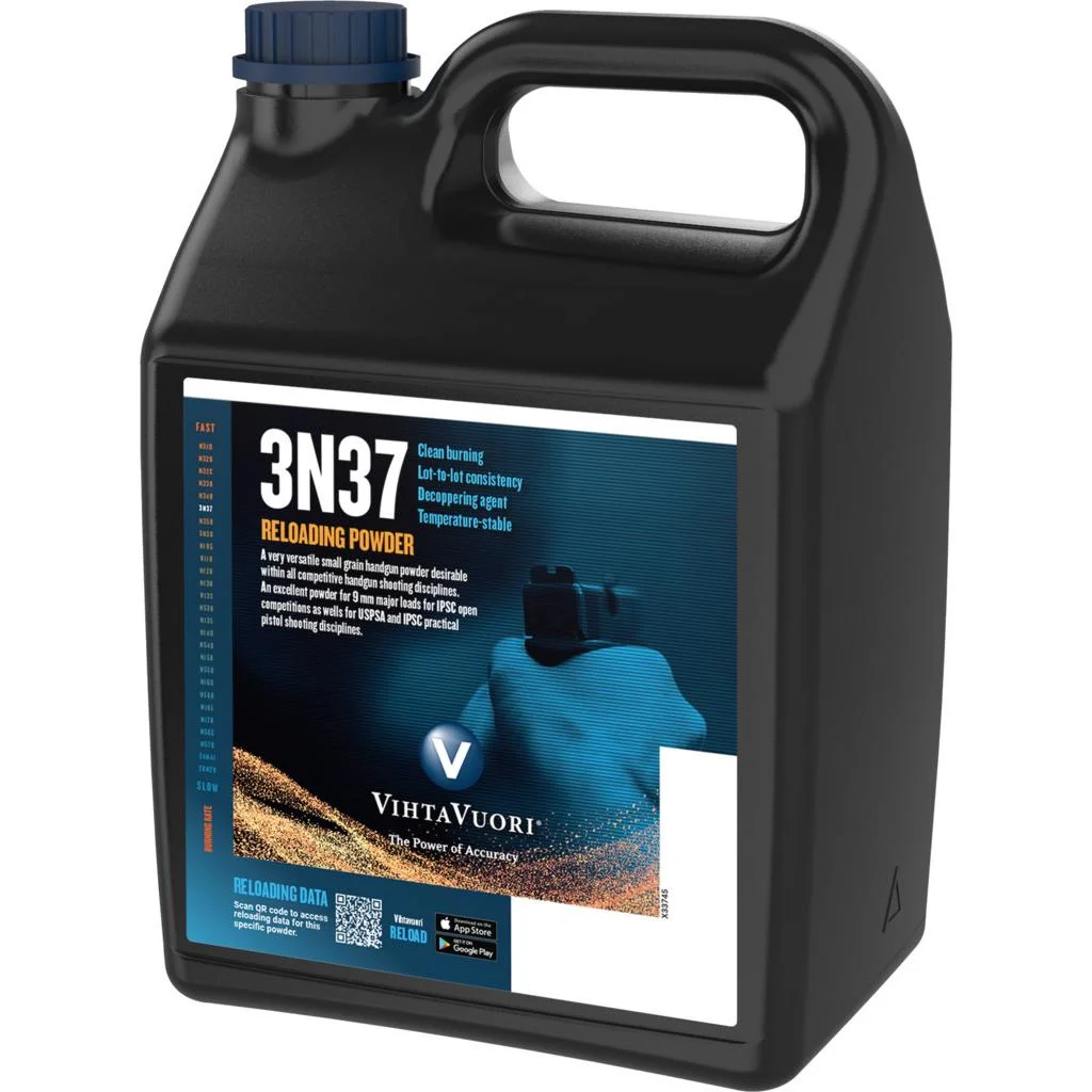 primary-34798 Vihtavuori 3N37 Handgun Powder, front view of black jug with blue cap, handle and product label