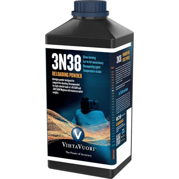 Vihtavuori 3N38 Handgun Powder black rectangular bottle with blue cap, front view