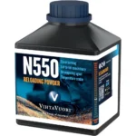 Vihtavuori N550 rifle powder, black bottle with blue cap and blue label, front view
