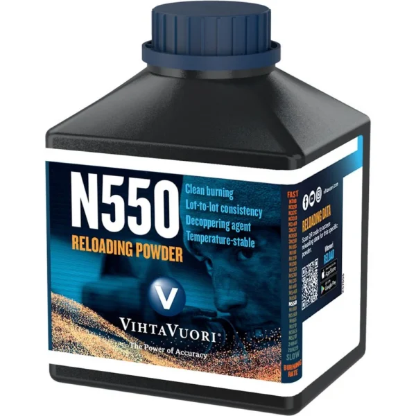 Vihtavuori N550 rifle powder, black bottle with blue cap and blue label, front view