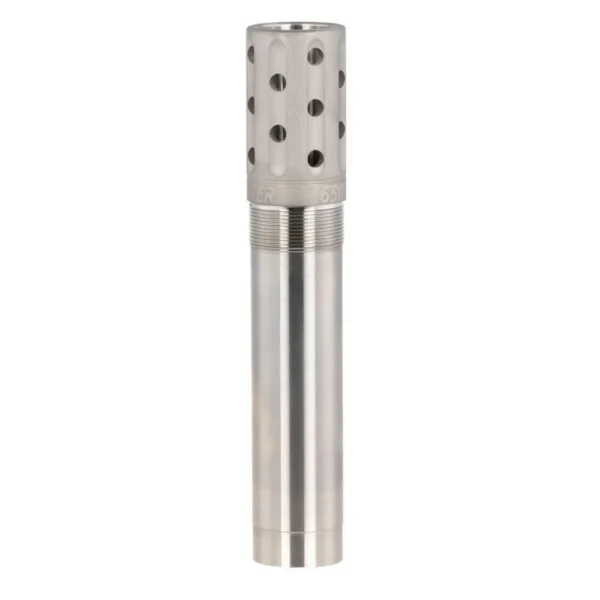Jeb's Head Hunter Turkey Ported Choke Tube, silver upright view with ports and threaded body