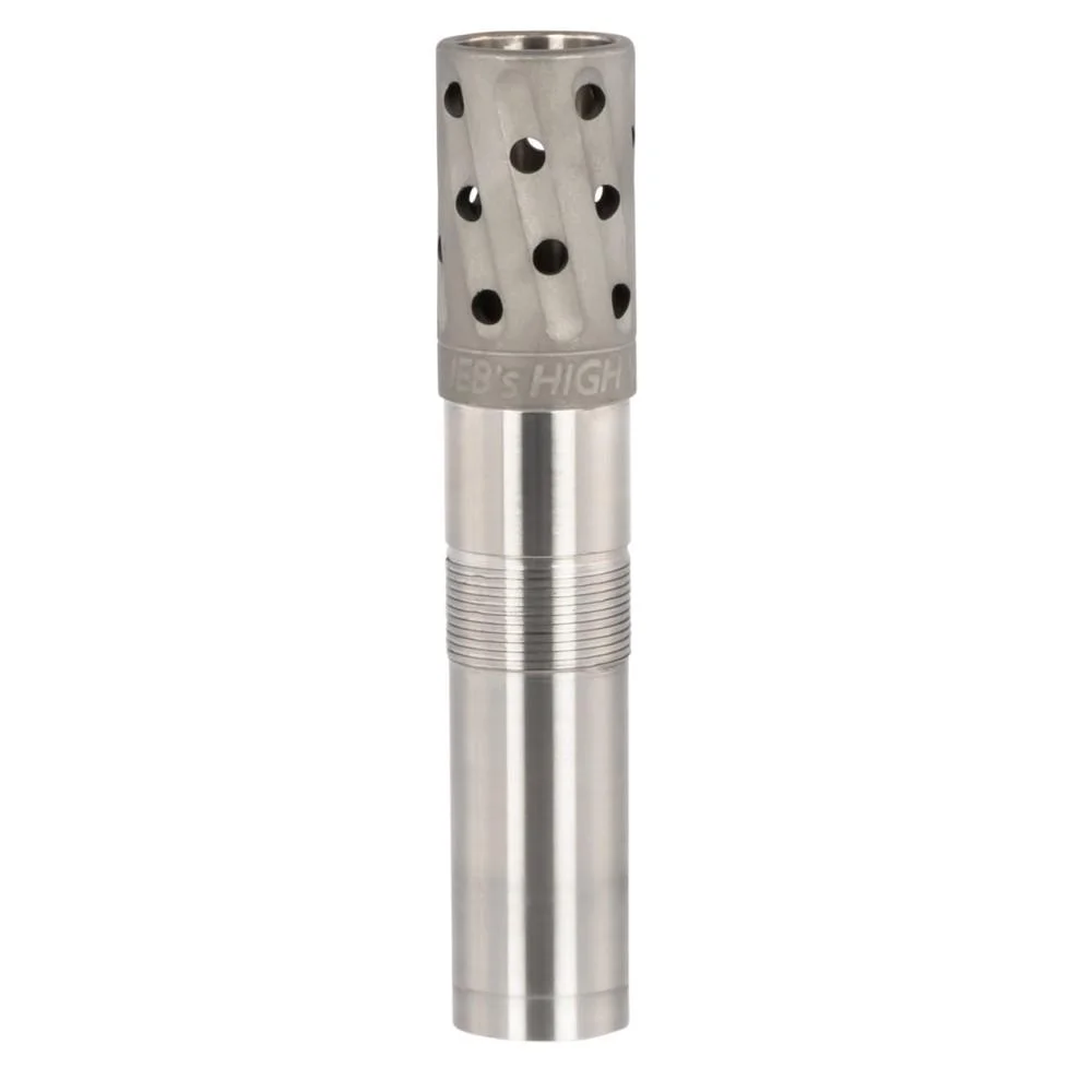 primary-34814 Jeb's High Voltage Waterfowl Ported Choke Tube, silver side view with rows of round ports