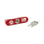 Black Rain Ordnance AR-15 Chamber Lock, red lock in angled top view with two silver keys
