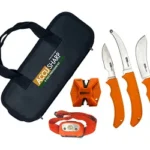 ACCUSHARP 6 PIECE PROCESSING KIT BLK, black case with three orange-handled knives and tools