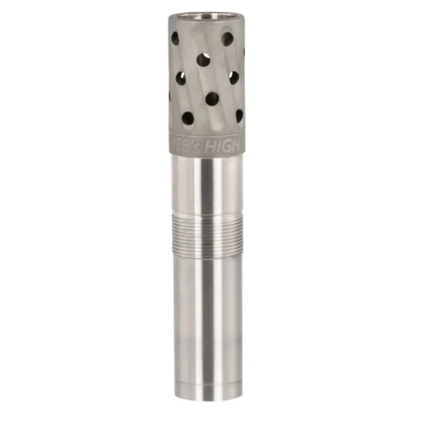 Jeb's High Voltage Waterfowl ported choke tube in silver, upright side view with round ports