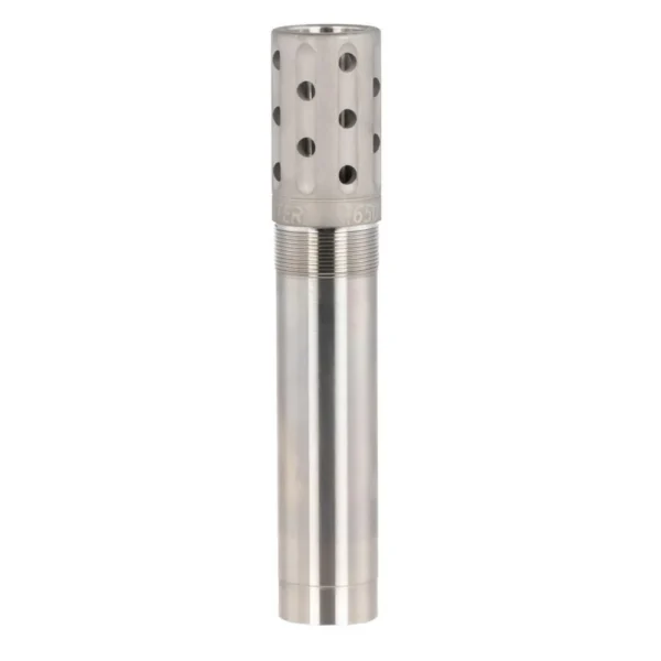 Jeb's Head Hunter Turkey Ported Choke Tube in silver, upright with threaded base and ported top