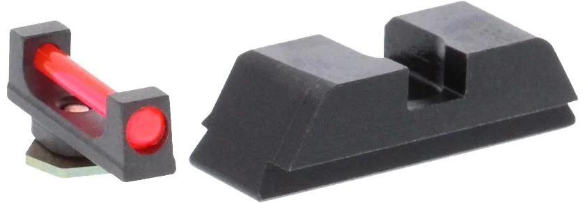 primary-34935 Ameriglo Red Fiber front and black rear sights with red fiber-optic insert, angled view