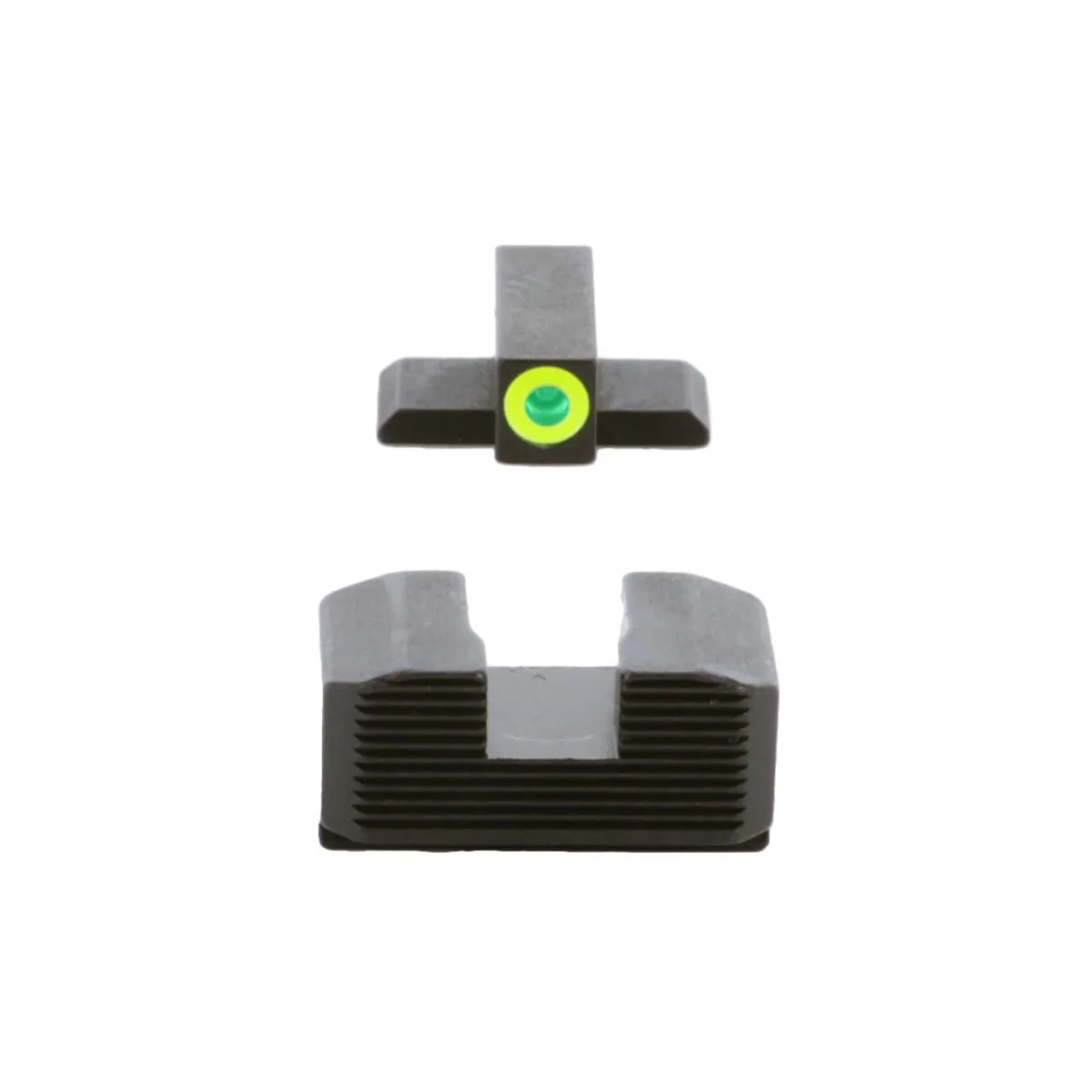 primary-34944 Ameriglo Green Tritium LumiGreen Outline Front Black Serrated Rear, front and rear sight views