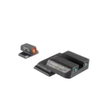 Ameriglo Trooper Tritium Handgun Sight Set, angled view of black front and rear sights with green dots