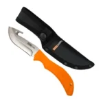 ACCUSHARP GUT-HOOK KNIFE ORANGE SHTH, orange-handled hooked blade beside black sheath