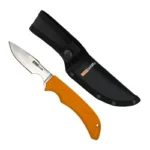 ACCUSHARP CAPING KNIFE ORANGE W/SHTH, orange-handled curved blade beside black sheath
