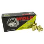 Wolf Performance Handgun Ammunition box with brass cartridges, front view