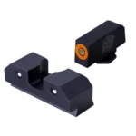 XS Sights R3D Night Sights, angled view of black front and rear sights with orange front ring