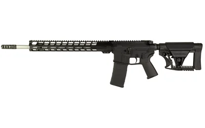 Lantac Raven, left-side view in black with long handguard, magazine and adjustable stock