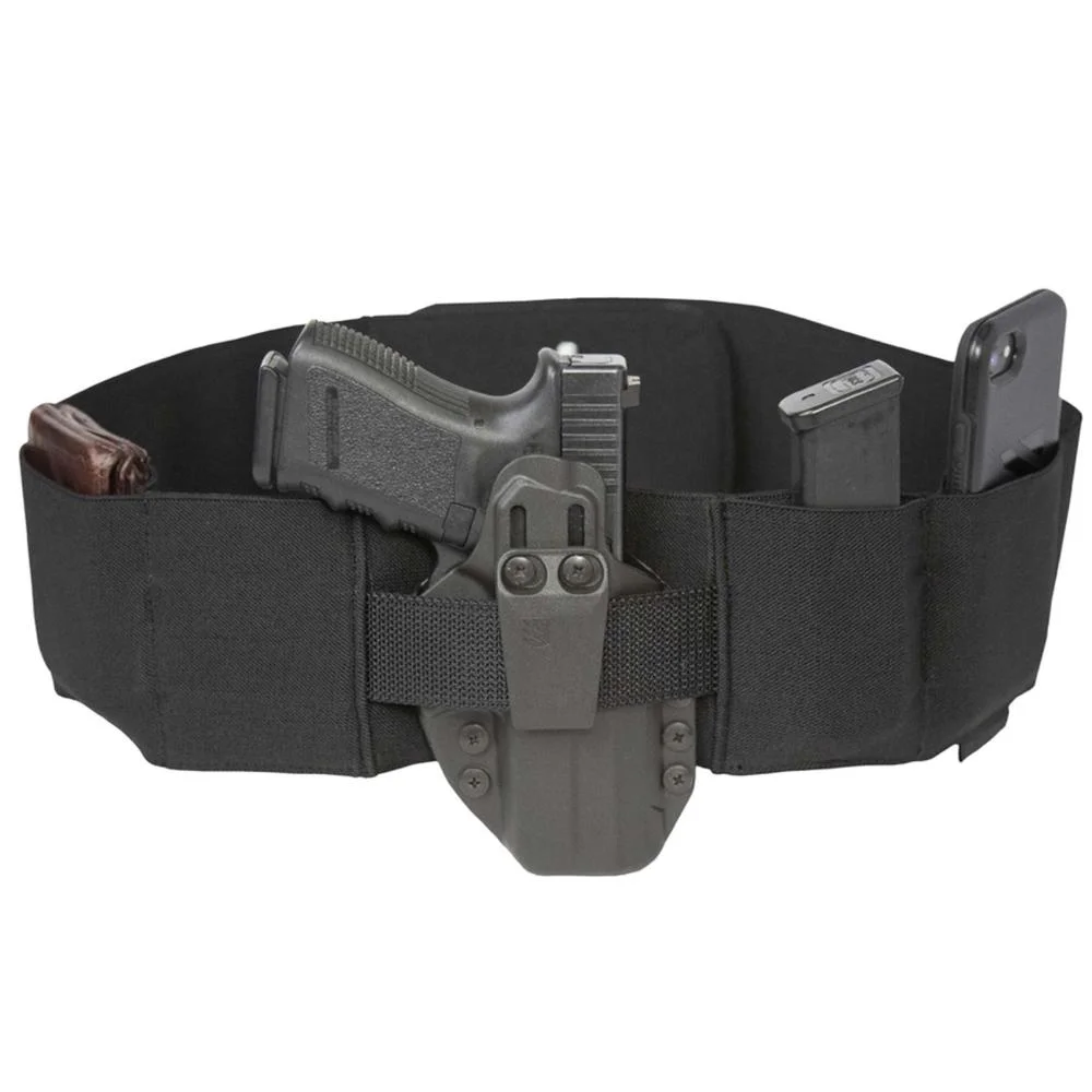 primary-35143 Blackhawk Stache N.A.C.H.O. Belly Band black front view with holstered pistol and magazine
