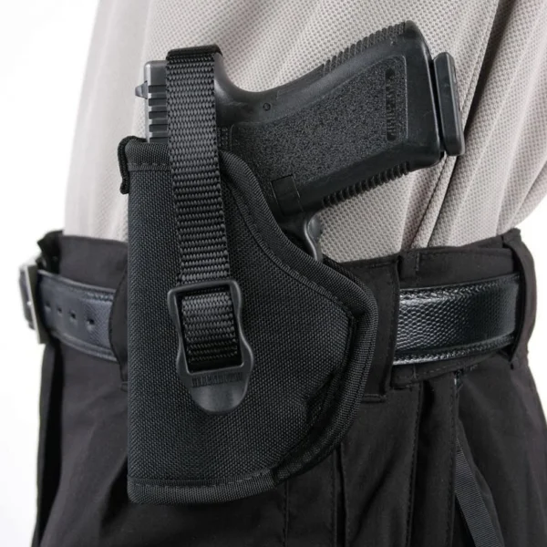 Blackhawk! Nylon Hip Holster, black right-side view worn on a belt with retention strap