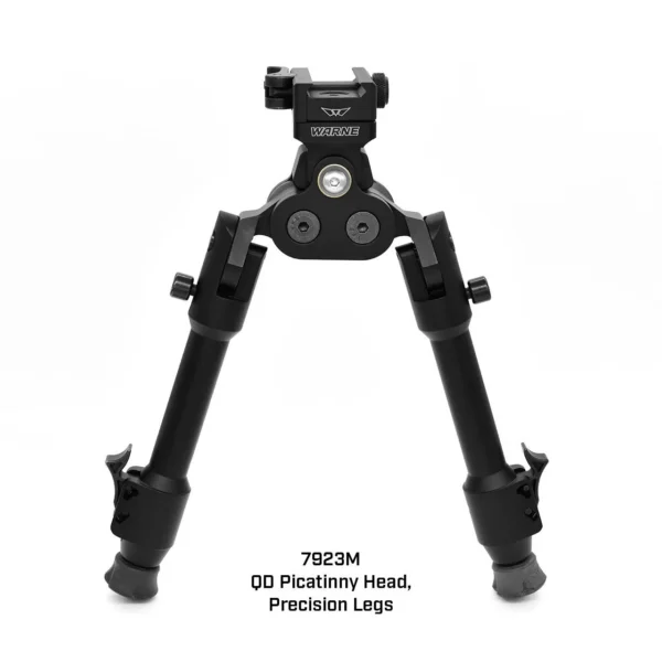 Warne Skyline Pro Bipod, black front view with QD mount and two extended precision legs