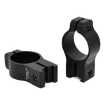Warne Vapor scope rings, two black anodized rings shown in angled and front views