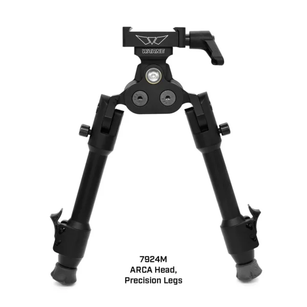 Warne Skyline Pro Bipod front view with black ARCA mount and extended precision legs