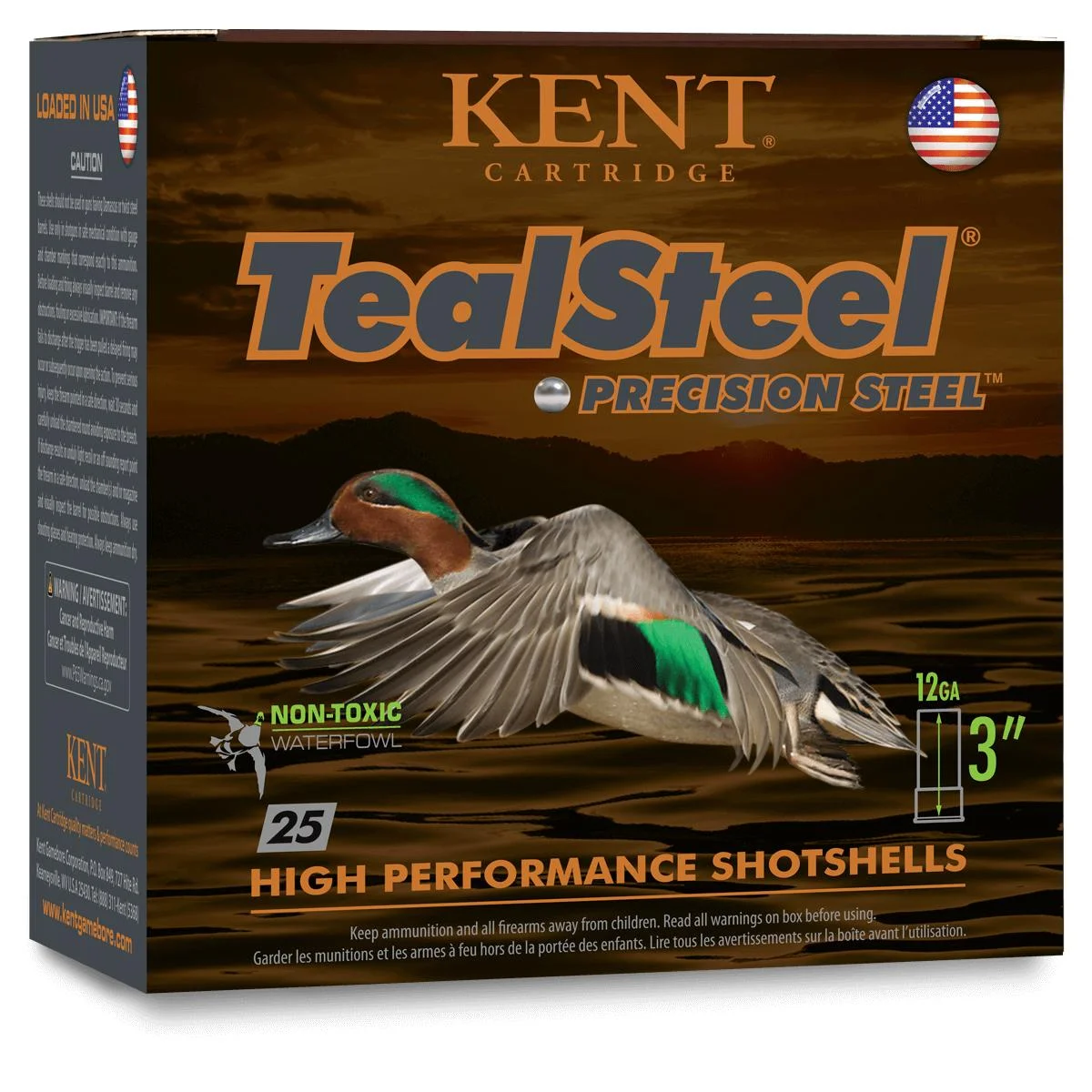 primary-35289 Kent Teal Steel Shotshells, front view of brown retail box with flying duck artwork