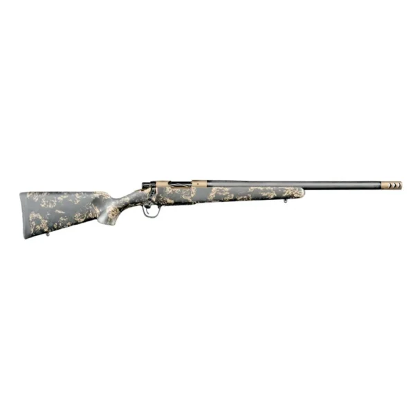 Christensen Arms Ridgeline FFT rifle, full right-side view with camouflage stock and bronze action
