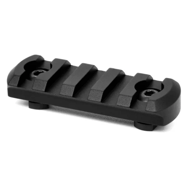 Warne M-LOK 5 Slot Rail in black, angled top view with mounting screws