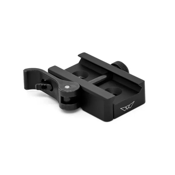 Warne Picatinny Rail Adapter QD, black adapter shown from an angled top view with release lever