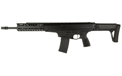 Primary Weapons Systems UXR Elite rifle, left-side view in black with magazine and adjustable stock