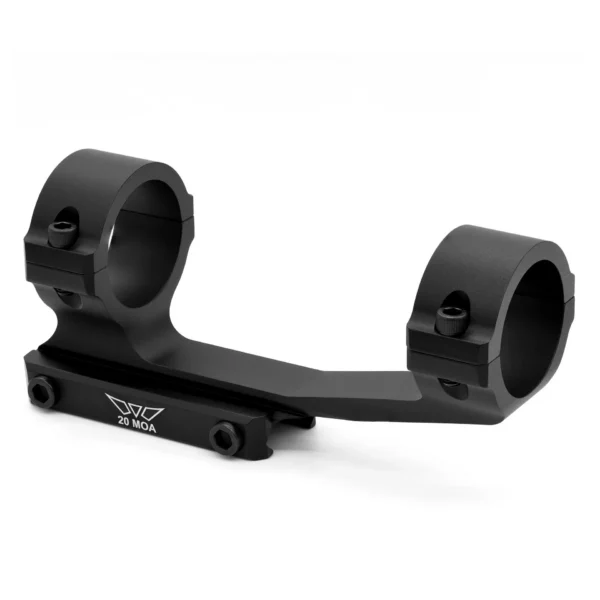 Warne Vapor 1-Piece MSR scope mount, black angled side view with two rings and mounting screws