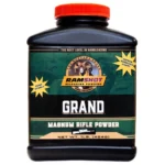 Ramshot Grand Rifle Powder in a black bottle with red cap and green branded label, front view