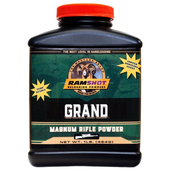 Ramshot Grand Rifle Powder in a black bottle with red cap and green branded label, front view