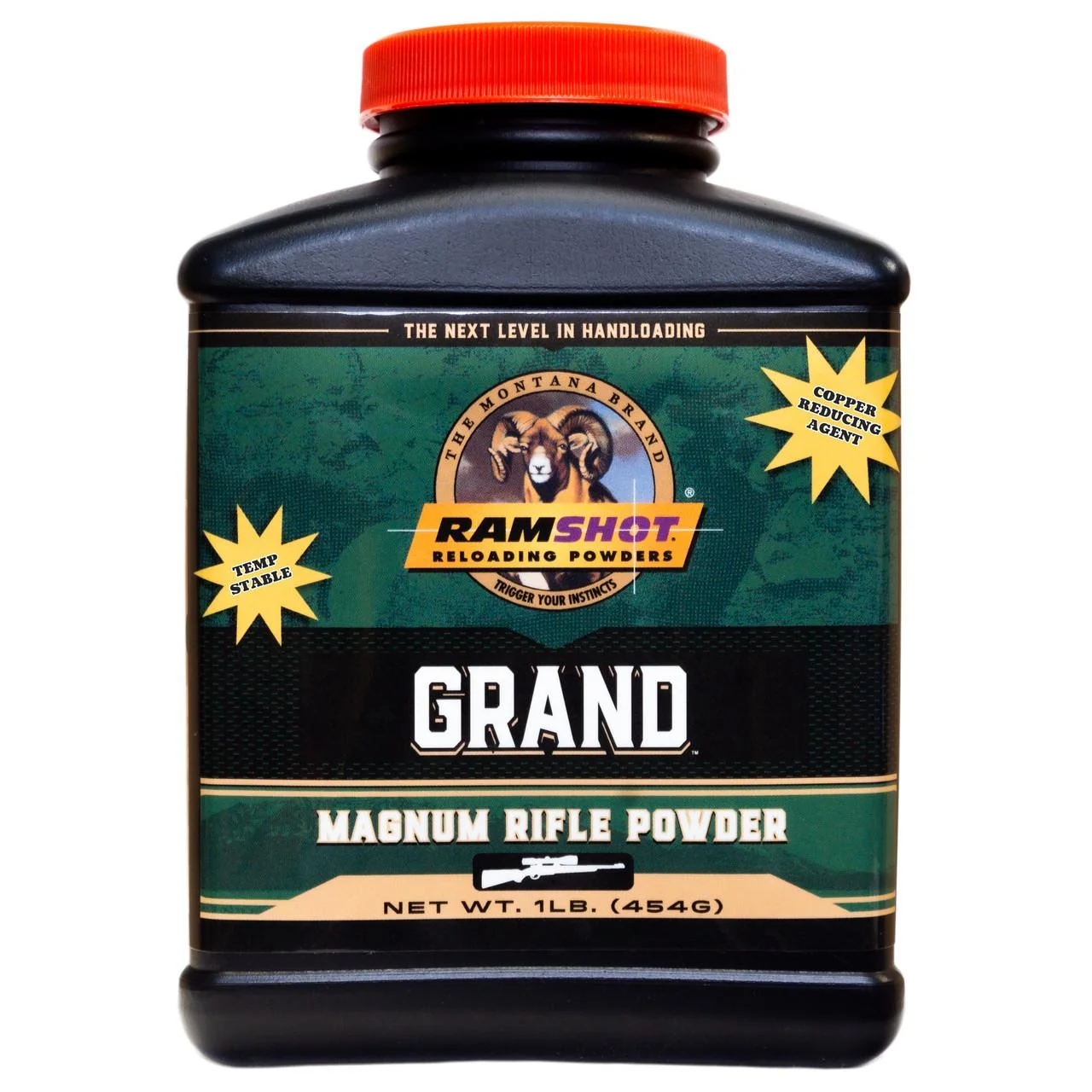 primary-35425 Ramshot Grand Rifle Powder in a black bottle with red cap and green branded label, front view